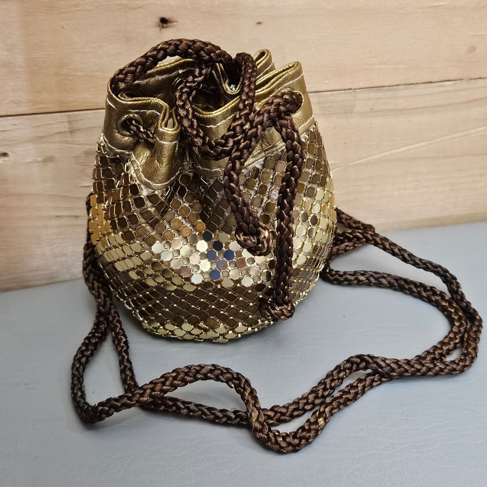 Gold Metal Mesh Mini Bucket Bag Drawstring Pouch Braided Crossbody Strap